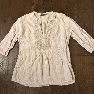 Cream Smocked Tunic with Mandarin Collar and 3/4 Sleeves